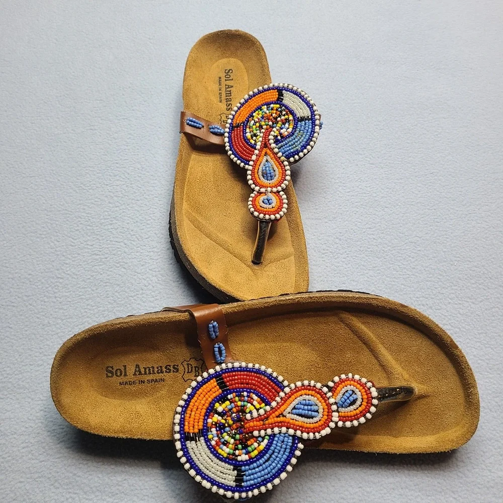 Sol Amass Beaded Thong Sandals Womens 37 Brown Excellent Boho Cork Slides - Picture 2 of 7